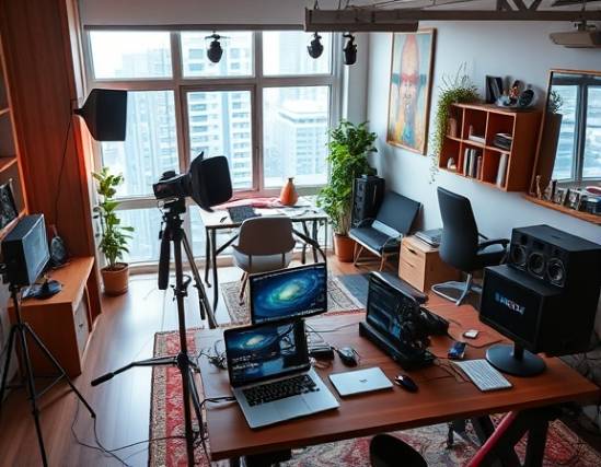 innovative blogging setup, inspired, setting up equipment, photorealistic, spacious urban studio apartment, highly detailed, various tech gadgets and notebooks, widescreen, vibrant colors, soft ambient light, shot with an 85mm lens