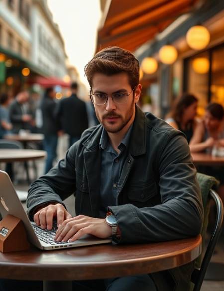 confident blogpost writer, thoughtful, typing on a laptop, photorealistic, at a bustling outdoor cafe, highly detailed, people and city vibe in the background, high resolution, earthy tones, evening glow, shot with a 35mm lens