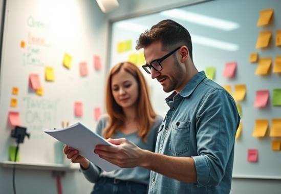 modern blogsite designer, absorbed, sketching ideas, photorealistic, inside a trendy co-working space, highly detailed, whiteboard and sticky notes surrounding, cinematic, bright pastels, fluorescent lighting, shot with a 24mm lens