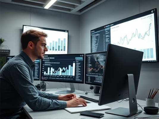 professional blogsite manager, focused, analyzing site analytics, photorealistic, in a minimalist office with large monitor screens, highly detailed, data charts visible, ultra-clear, monochrome palette, overhead LED lighting, shot with a 50mm lens