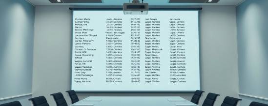 extensive agency contact list, comprehensive overview, displaying names and numbers, photorealistic, corporate boardroom setting with projector and whiteboard, highly detailed, dynamic scrolling effect, 4K resolution, vibrant colors, soft overhead lighting, shot with a 50mm lens.