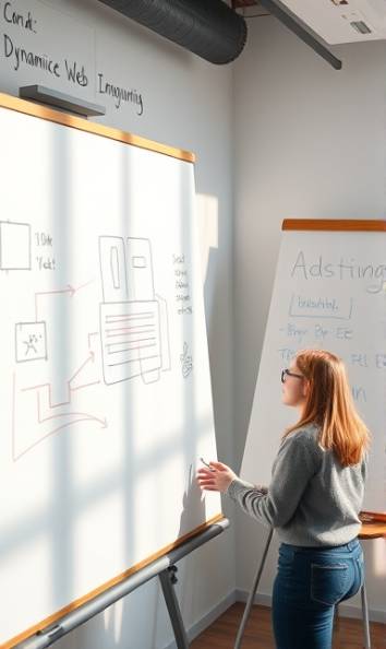 dynamic web layout, innovative, adjusting, photorealistic, creative studio with whiteboards, highly detailed, markers and sketches, tack sharp, vibrant colors, natural light pouring in, shot with a 35mm lens.