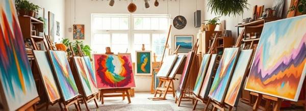 vibrant web graphics, joyful, designing, photorealistic, art studio cluttered with canvases, highly detailed, digital brush strokes, crisp, full spectrum colors, diffused daylight illumination, shot with a 28mm lens.