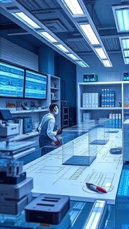 cutting-edge web design, inspired, drafting, photorealistic, high-tech lab with LED lights, highly detailed, holographic displays, ultra clear, silver and blue, soft focused lighting, shot with a 70mm lens.