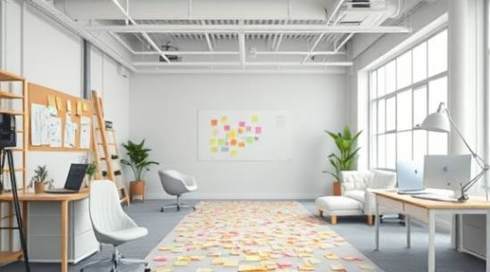 sophisticated web layout, enthusiastic, experimenting, photorealistic, open space office with brainstorming zones, highly detailed, post-it notes scattered, deep depth of field, pastels and white, optimal lighting conditions, shot with a 40mm lens.
