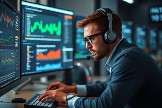 cutting-edge seo tools, determined, adjusting campaign settings, photorealistic, sleek tech workspace with multiple monitors, highly detailed, real-time data flow, 4k clarity, silver and black, ambient glow lighting, shot with a macro lens