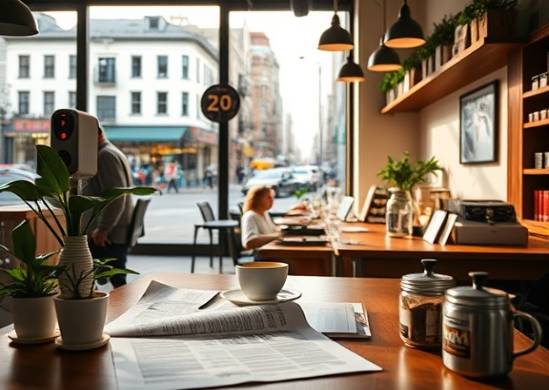 creative seo content, inspired, crafting innovative copy, photorealistic, bustling coffee shop with urban views, highly detailed, scrolling through vibrant graphs, high definition, warm earth tones, natural window lighting, shot with an 85mm lens