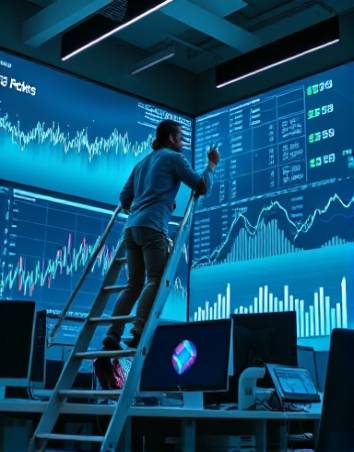 strategic seo ranking, ambitious, climbing the performance ladder, photorealistic, digital work environment with large displays, highly detailed, fluctuating line graphs, HDR quality, cool blues and greys, spot lighting, shot with a 50mm lens