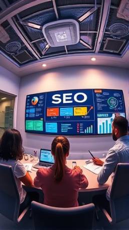 dynamic seo strategy, strategic, brainstorming with team, photorealistic, collaborative workspace with smart boards, highly detailed, animated infographics, 8k resolution, bold colors, LED lighting, shot with a fisheye lens