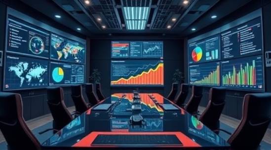 comprehensive seo analytics, observant, reviewing performance metrics, photorealistic, high-tech conference room with virtual displays, highly detailed, dynamic visuals, razor-sharp clarity, neutral tones, balanced lighting, shot with a portrait lens