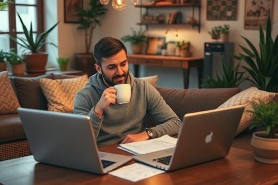 cozy agency home, cozy expression, sipping coffee while working, photorealistic, in a warm and inviting living space with rustic furniture and indoor plants, highly detailed, a laptop and scattered papers on the coffee table, macro photography, earth tones, ambient lighting, shot with a 50mm lens.