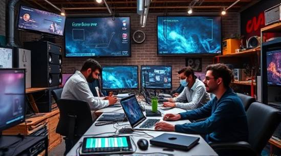 dynamic content creation, creative expression, experimenting with digital tools, photorealistic, in a bustling shared workspace filled with digital equipment and tech gadgets, highly detailed, people collaborating actively, high-resolution shot, vibrant colors, dynamic lighting, shot with an 85mm lens.