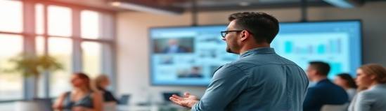 dynamic content agency, enthusiastic expression, presenting a project, photorealistic, within a spacious conference room with a large presentation screen, highly detailed, colleagues attentively listening, bokeh effect, varied colors, ambient lighting, shot with a 70-200mm lens.