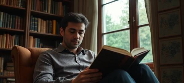 tranquil agency home, relaxed expression, reading a book, photorealistic, in a vintage-style library room with wooden bookshelves and a plush armchair, highly detailed, light rain gently hitting the window, close-up shot, warm colors, diffuse lighting, shot with a 50mm lens.