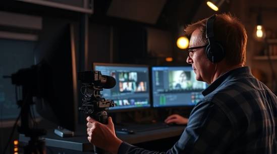 artistic content creation, concentrated expression, editing video footage, photorealistic, in a high-tech studio with dual monitors and creative paraphernalia, highly detailed, visual effects software on the screen, medium shot, dark tones, directed lighting, shot with a 24mm lens.