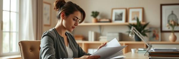 elegant home office, thoughtful expression, arranging documents, photorealistic, in a minimalist space with functional decor and ample natural light, highly detailed, soft papers being organized, shallow depth of field, beige tones, backlit lighting, shot with a 50mm lens.