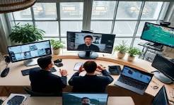 innovative content agency, motivated expression, conducting a virtual meeting, photorealistic, amidst an office filled with modern tech setups and team spirit, highly detailed, participants visible on multiple screens, bird's-eye view, silver tones, balanced lighting, shot with a 28mm lens.