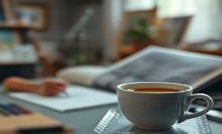 comforting agency home, serene expression, drawing creative sketches, photorealistic, in an artistic studio apartment filled with personal art pieces, highly detailed, gentle ripples in a cup of tea nearby, macro shot, muted tones, diffused sunlight, shot with a 35mm lens.