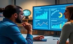 cutting-edge content marketing, thoughtful expression, assessing social media trends, photorealistic, at a communal workspace with diverse team members and digital dashboards, highly detailed, animated graphs on a smartboard, close-up shot, digital blue, luminescent lighting, shot with a 24mm lens.