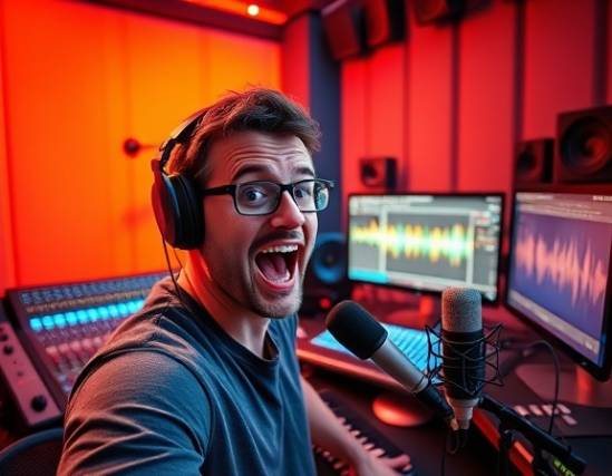 vivid content creation, excited expression, crafting an audio track, photorealistic, in a vibrant recording studio with sound panels and mics, highly detailed, waveform visualizations on the computer, wide-angle lens, colorful LEDs, adaptive lighting, shot with a 50mm lens.