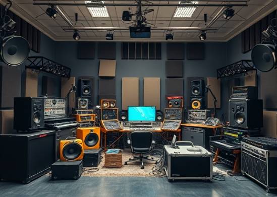 array of production equipment, assorted, organized in a studio, photorealistic, spacious studio environment with soundproofing panels, highly detailed, various reflections and textures, 42 megapixels, chromatic colors, soft studio lighting, shot with a 35mm lens.