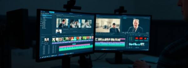 intricate video editing setup, focused, editing a film sequence, photorealistic, dual monitor screens showing timelines and effects, highly detailed, intricate mouse movements, 5K resolution, cool color temperature, ambient office lighting, shot with a 30mm lens.