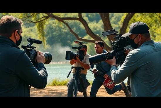 dynamic video shooting session, action-packed, filmmakers capturing intense scenes, photorealistic, outdoor location with natural elements like trees and water, highly detailed, subtle lens flare and motion, 12K resolution, vivid greens and blues, direct sunlight, shot with an 85mm lens.