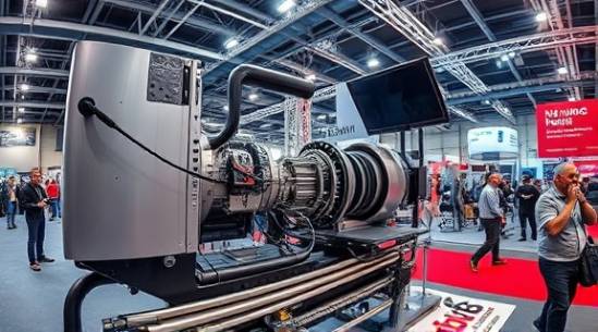 advanced production equipment, showcased, at a film industry expo, photorealistic, exhibition hall bustling with attendees, highly detailed, intricate machinery operation, 10K resolution, metallic silver and black, bright exhibition lighting, shot with a fisheye lens.