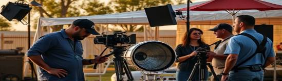 behind-the-scenes production crew, candid, setting up audio and lighting, photorealistic, cluttered but organized set in an outdoor location, highly detailed, active conversation among team members, 20 megapixels, warm color palette, golden hour lighting, shot with a 70-200mm lens.