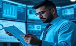 knowledgeable expert, focused, analyzing detailed blueprints, photorealistic, high-tech engineering hub with digital screens, highly detailed, digital interface elements, ultra-high resolution, cool blue tones, ambient light, shot with a 50mm lens.