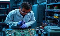 proficient technician, meticulous, assembling intricate circuit boards, photorealistic, modern electronics lab with various tools and components, highly detailed, static charge effects, 6k resolution, vibrant colors, fluorescent lighting, shot with a macro lens.