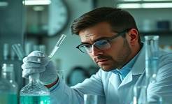 specialized scientist, curious, conducting an elaborate experiment, photorealistic, advanced chemistry lab with glassware and instruments, highly detailed, chemical reaction fumes, high definition, muted greens, overhead lighting, shot with an 85mm lens.