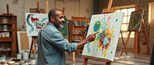 talented artist, expressive, creating a mural on canvas, photorealistic, spacious art studio with paint supplies scattered, highly detailed, paint splatter effects, 8k resolution, rich earthy tones, natural afternoon light, shot with a wide-angle lens.