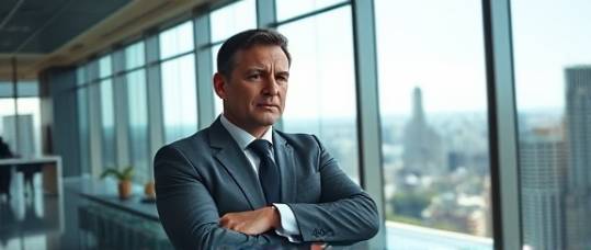 agency professional, determined, leading a high-stake negotiation, photorealistic, modern corporate office with expansive city views, highly detailed, reflections on glass, high-definition, sleek grays and blacks, bright natural light, shot with a 135mm lens.