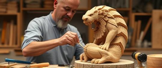 expert craftsman, precise, carving an intricate sculpture, photorealistic, traditional woodworking shop with tools and shavings, highly detailed, sawdust particles, ultra-high resolution, warm wooden hues, focused spotlight, shot with a tilt-shift lens.