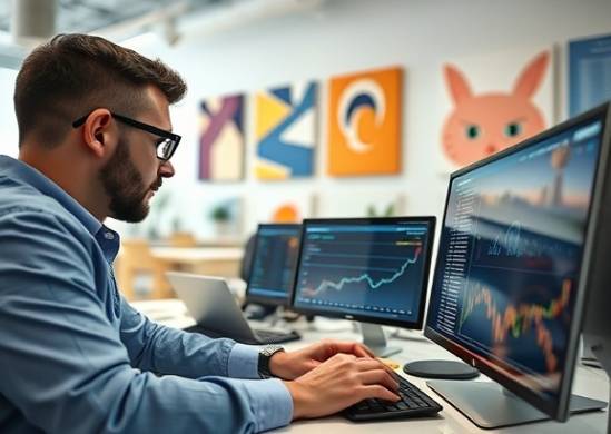 business analysts at work, focused, analyzing market trends and data, photorealistic, open-plan office with abstract art pieces, highly detailed, digital screens with graphs, fine detail clarity, vivid colors, diffused daylight, shot with a 24mm wide-angle lens.