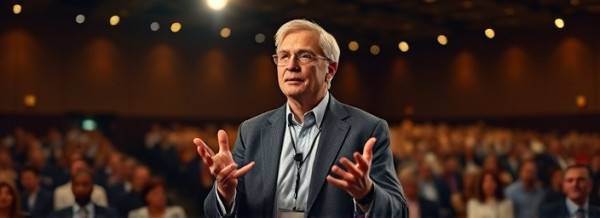 seasoned business expert, confident, delivering a keynote speech, photorealistic, large conference hall with an audience, highly detailed, dynamic gestures, shallow depth of field, warm colors, spotlight lighting, shot with an 85mm telephoto lens.