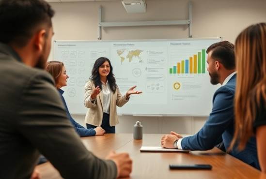 business coaching session, encouraging, guiding a team, photorealistic, boardroom setting with interactive whiteboards, highly detailed, animated team discussion, high definition clarity, earthy tones, natural window lighting, shot with a 50mm lens.