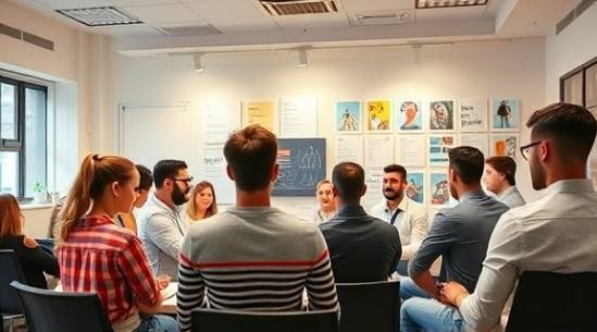 dynamic business workshop, energetic, facilitating group activities, photorealistic, co-working space with inspirational posters, highly detailed, active participation, vibrant detail, pastel colors, diffused ceiling lights, shot with a 24-70mm zoom lens.