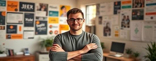 innovative socialmedia branding, confident expression, presenting ideas, photorealistic, creative workspace with branding materials, highly detailed, moodboards on walls, clear and vivid, warm color palette, backlit with natural sunlight, shot with an 85mm lens.