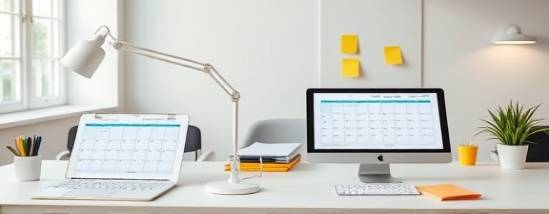 efficient socialmedia scheduling, organized expression, planning posts, photorealistic, minimalist office with calendar and sticky notes, highly detailed, digital planners open on desks, clean lines, neutral shades, bright LED lighting, shot with a 24mm lens.