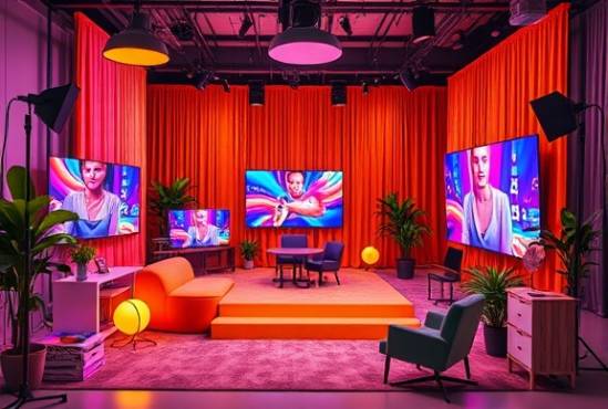 vibrant socialmedia content, inspired expression, creating visual posts, photorealistic, studio setup with variety of props and screens, highly detailed, colorful design elements, high-contrast visuals, vivid colors, overhead studio lighting, shot with a macro lens.