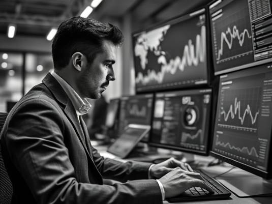 meticulous socialmedia analytics, calculating expression, reviewing metrics, photorealistic, tech startup office with advanced analytics software, highly detailed, real-time data feeds on displays, crisp textures, grayscale monotones, subdued lighting, shot with a 28mm lens.