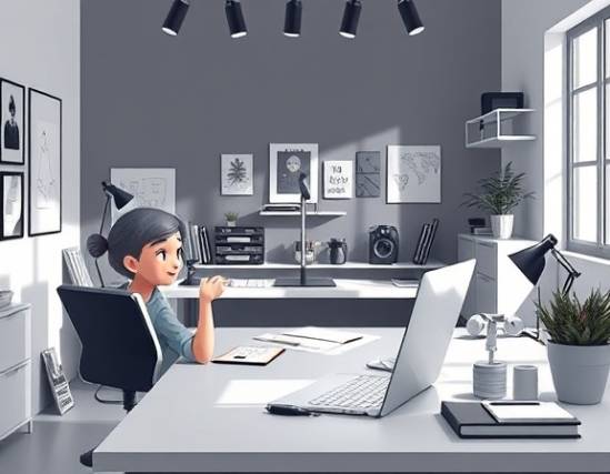 sleek graphic vector, playful, interacting, photorealistic, clean workspace with creative tools, highly detailed, animated graphics, vector precision, contrasty, natural light, shot with a 50mm lens