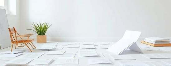 elegant graphic layout, harmonious, balancing, photorealistic, minimalist office with scattered papers, highly detailed, flowing arrangements, layout perfection, pastel colors, soft ambient light, shot with a wide-angle lens