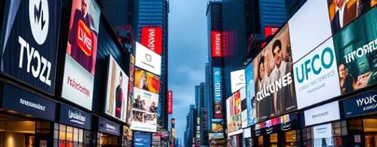 modern graphic branding, innovative, showcasing, photorealistic, bustling cityscape filled with advertisements, highly detailed, brand elements, logo clarity, vibrant hues, dynamic lighting, shot with a zoom lens