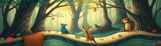 artistic graphic illustration, whimsical, enchanting, photorealistic, magical forest with whimsical creatures, highly detailed, ethereal patterns, imaginative strokes, earthy tones, dappled sunlight, shot with a prime lens