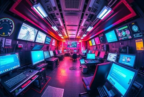 dynamic graphic vector, energetic, interacting, photorealistic, tech hub with digital devices, highly detailed, interactive elements, pixel precision, bright primary colors, fluorescent lighting, shot with a fisheye lens